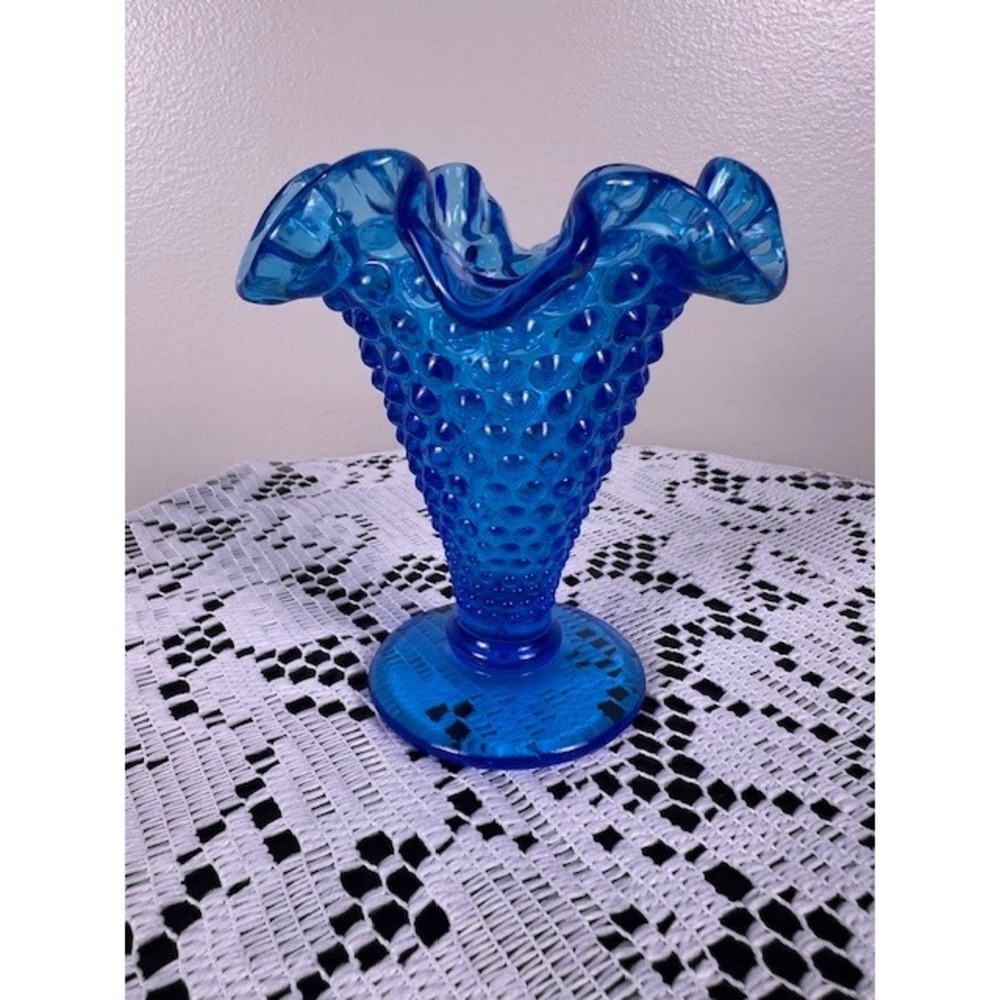 Vintage Blue Hobnail Glass Bud Vase Ruffled Rim Trumpet Shape 4.5 Inch
